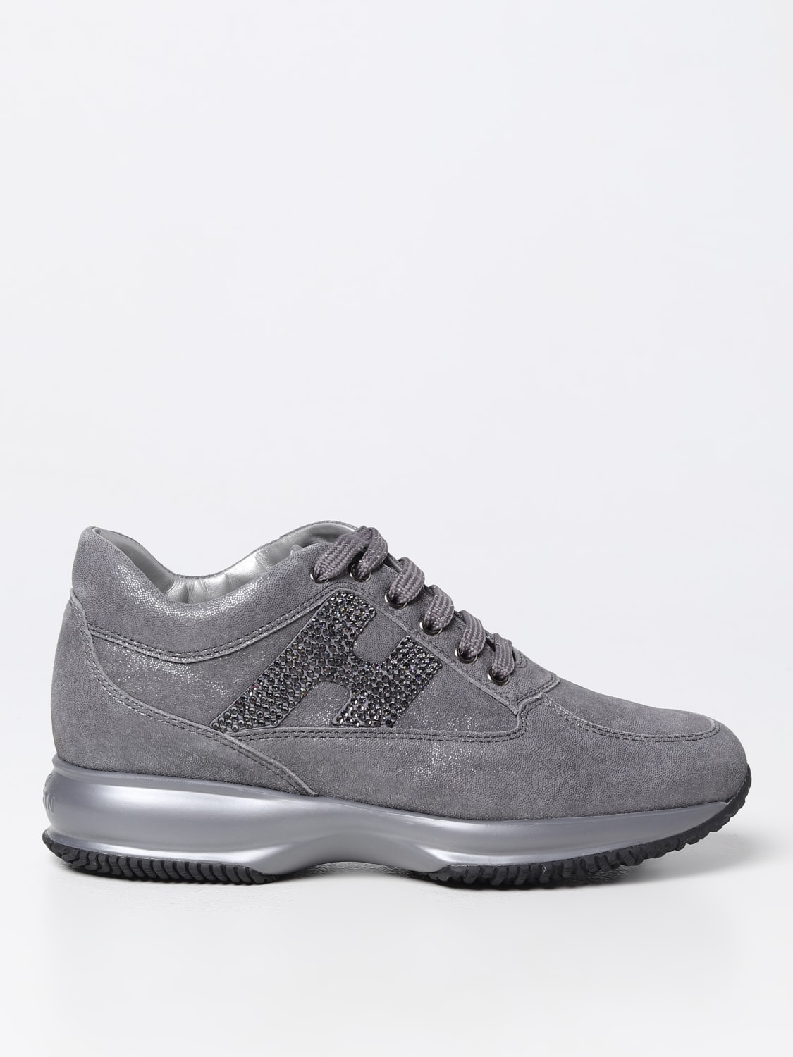 HOGAN: Interactive sneakers in cracklè suede with rhinestones - Grey ...