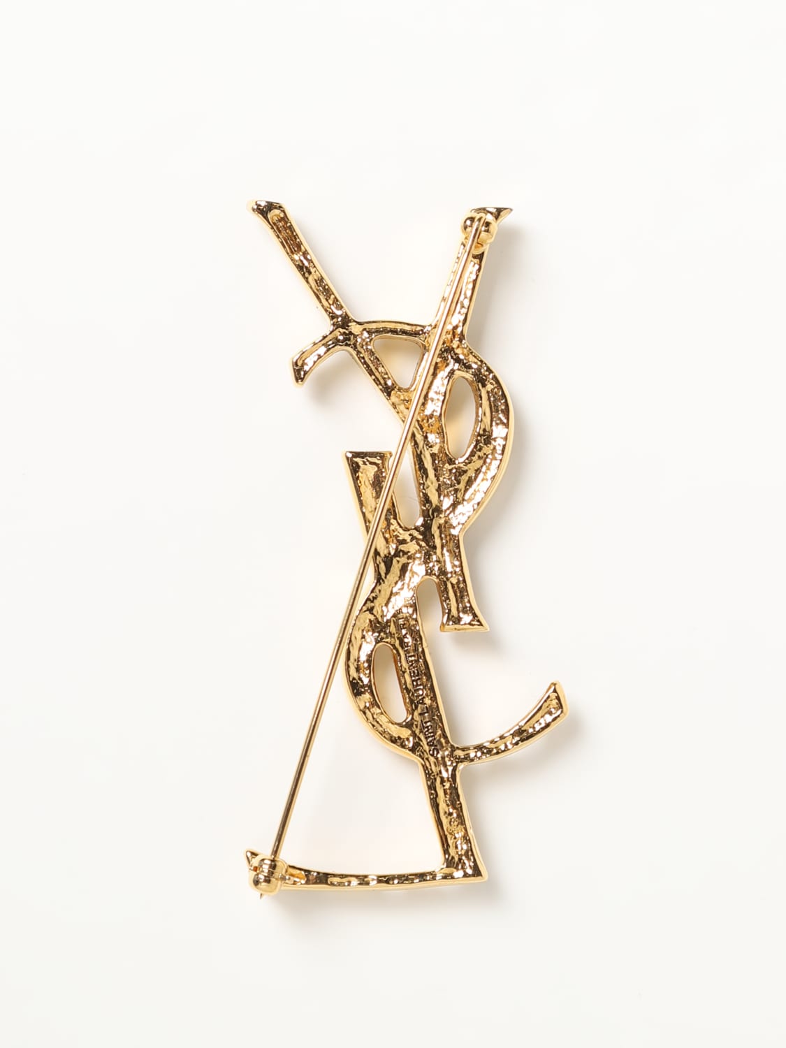 Saint Laurent Gold Ysl Twisted Brass Brooch in Metallic