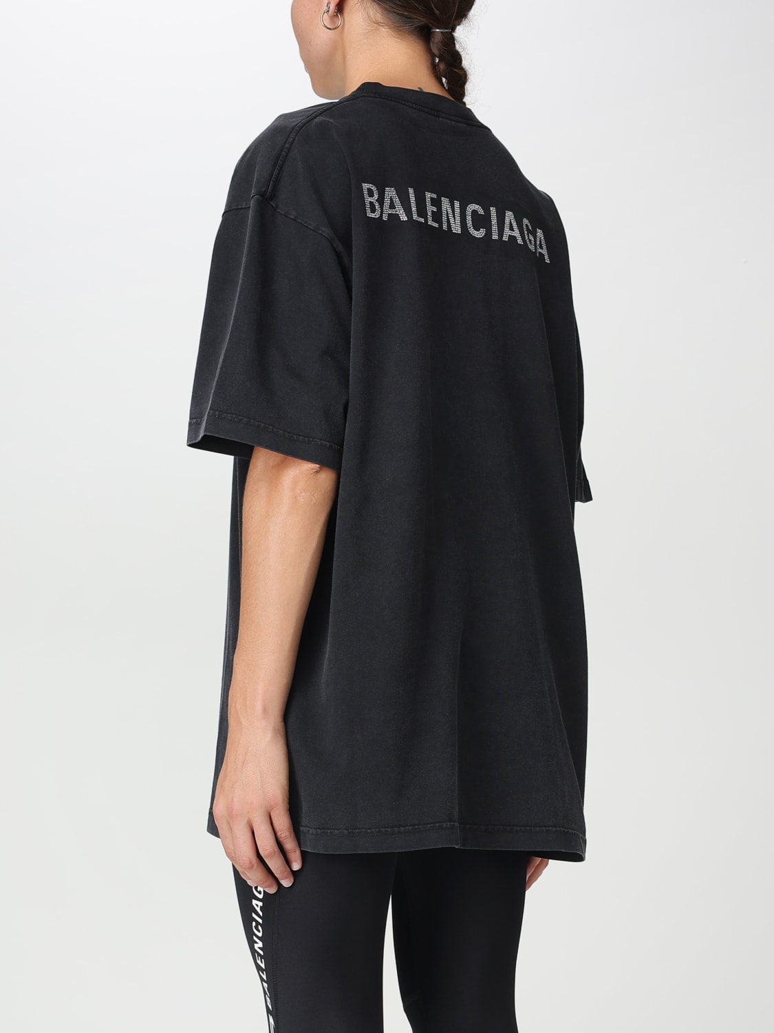 BALENCIAGA: cotton T-shirt with rhinestone logo - Black