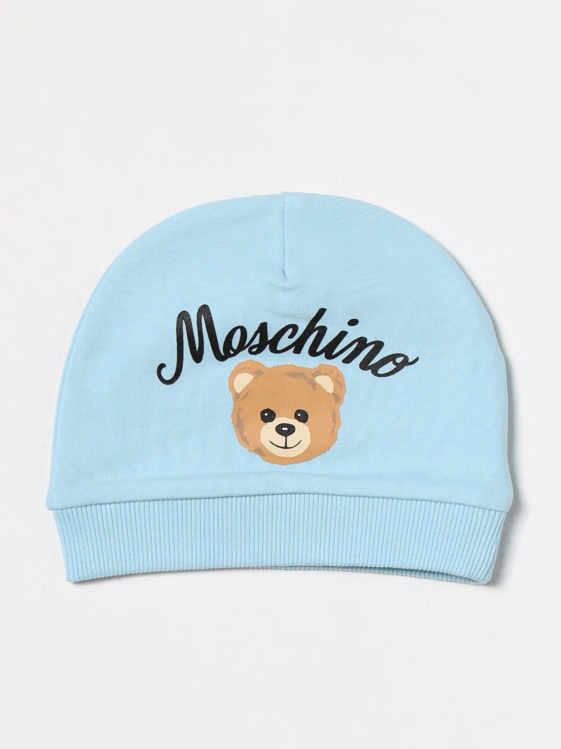 MOSCHINO BABY: Cappello in cotone con logo stampato - Celeste  Cappello  Neonato Moschino Baby MPX035LDA55 online su