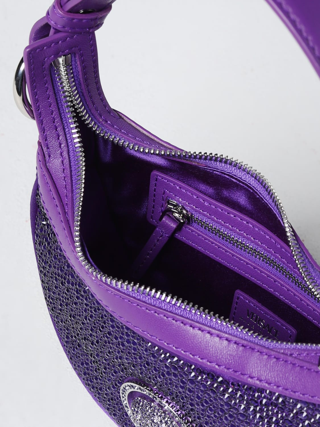 Versace Outlet Medusa bag in leather with rhinestones Violet