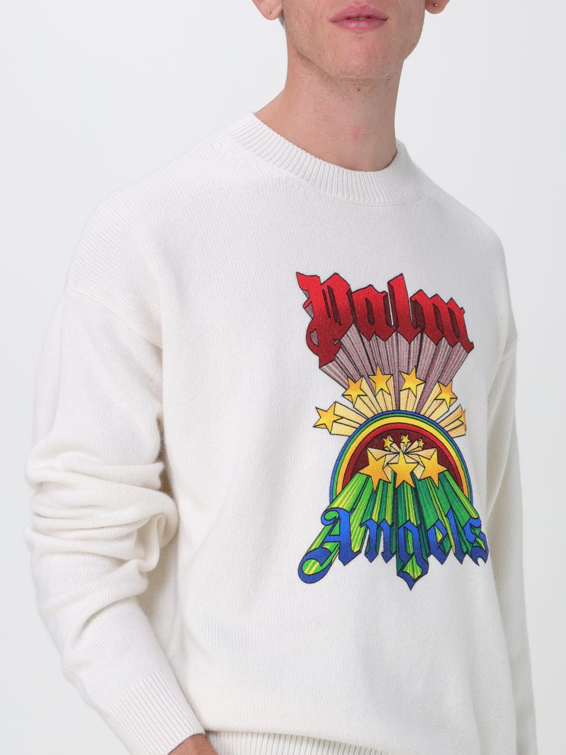 PALM ANGELS: wool blend sweater with print - White | Palm Angels ...