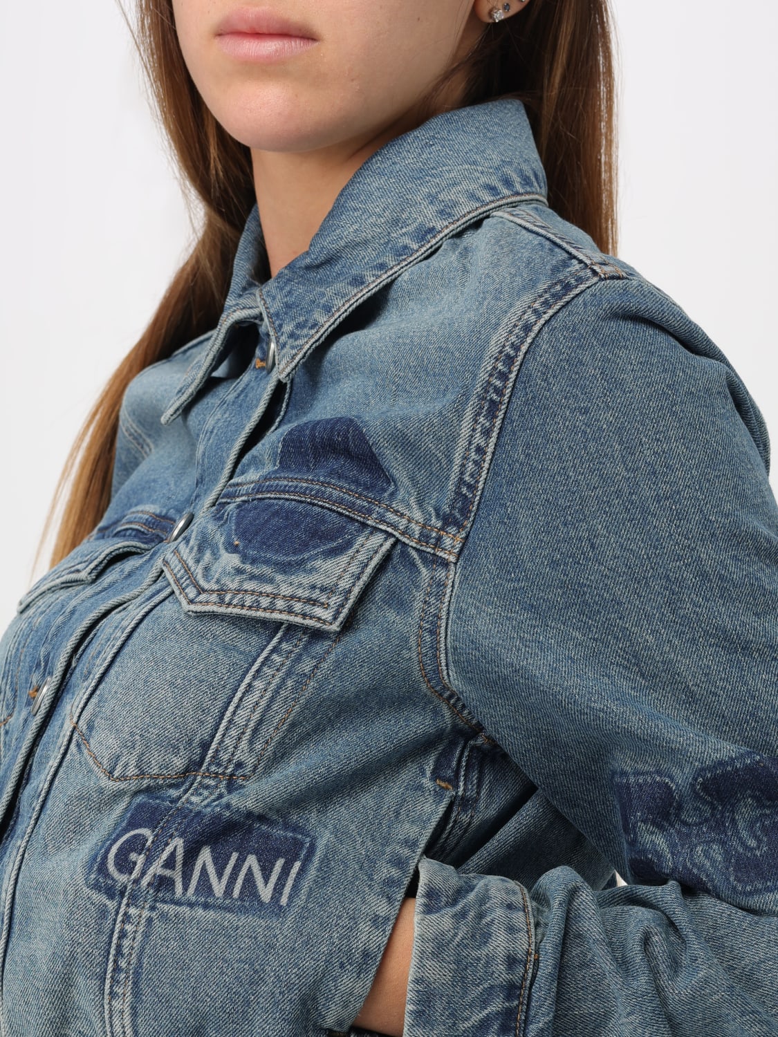 GANNI: denim jacket - Blue | Ganni jacket J1345 online at GIGLIO.COM