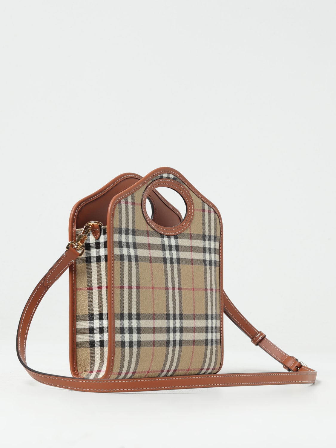 BURBERRY: Vintage Check Pocket bag in matt grain coated cotton - Brown