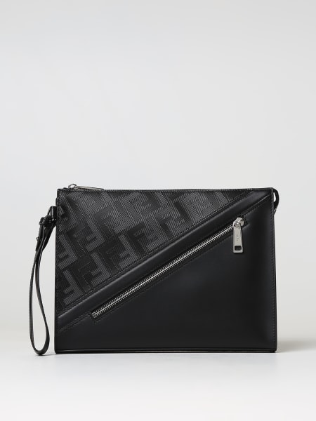 Fendi Diagonal clutch in leather with embossed FF pattern