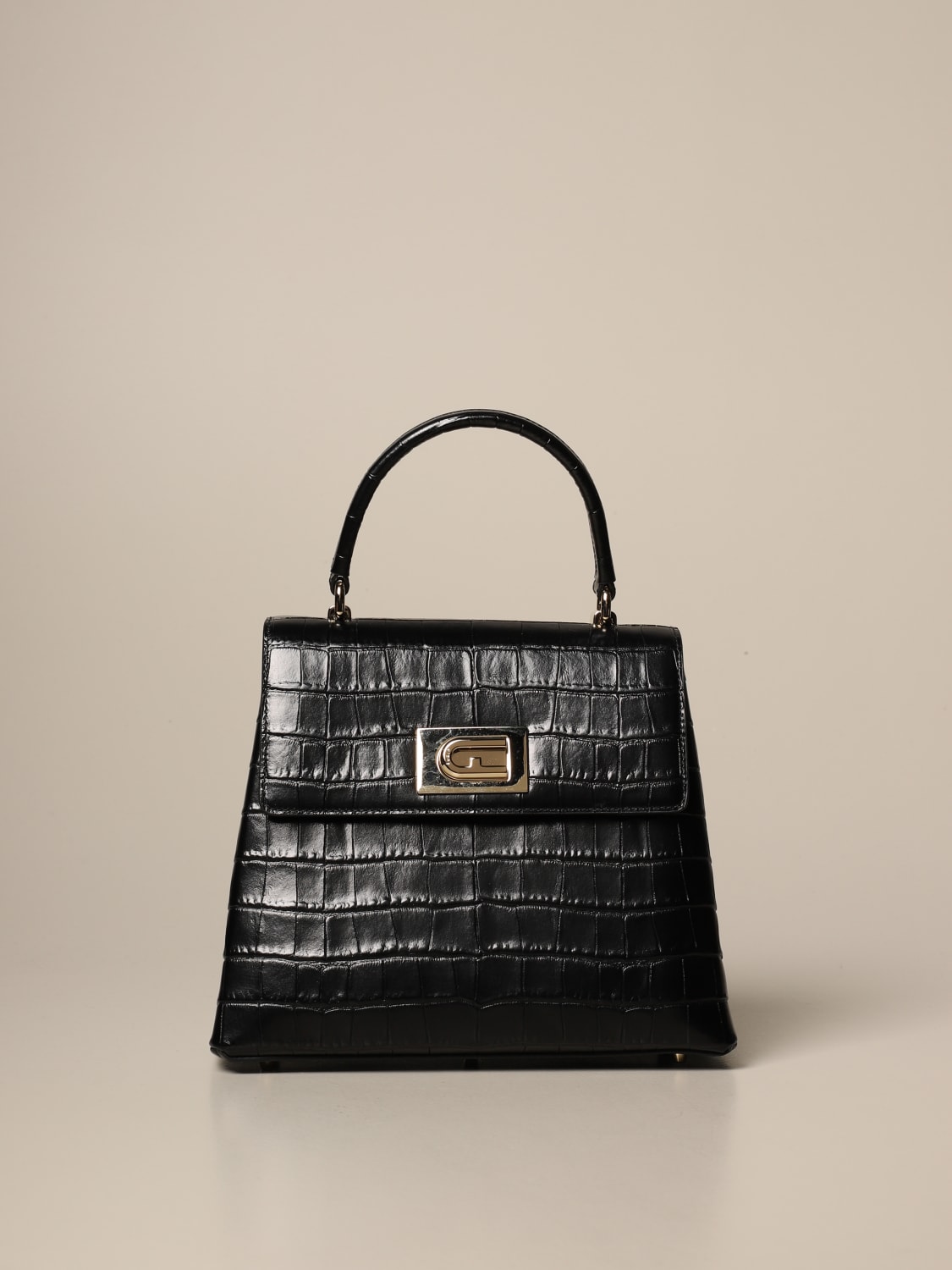 Furla 1927 Bag In Crocodile Print Leather Black Furla Handbag
