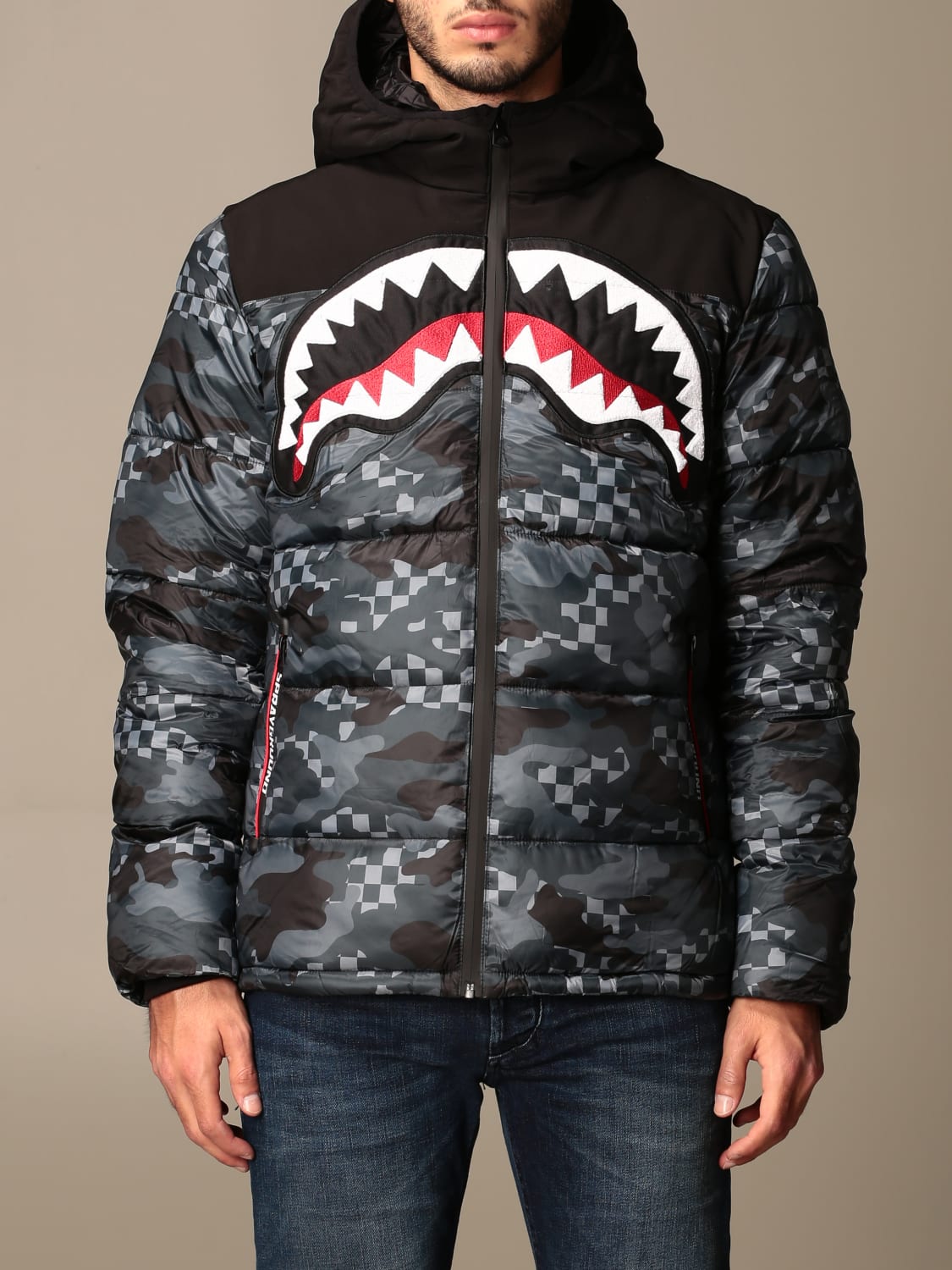 Sprayground camouflage down jacket with shark