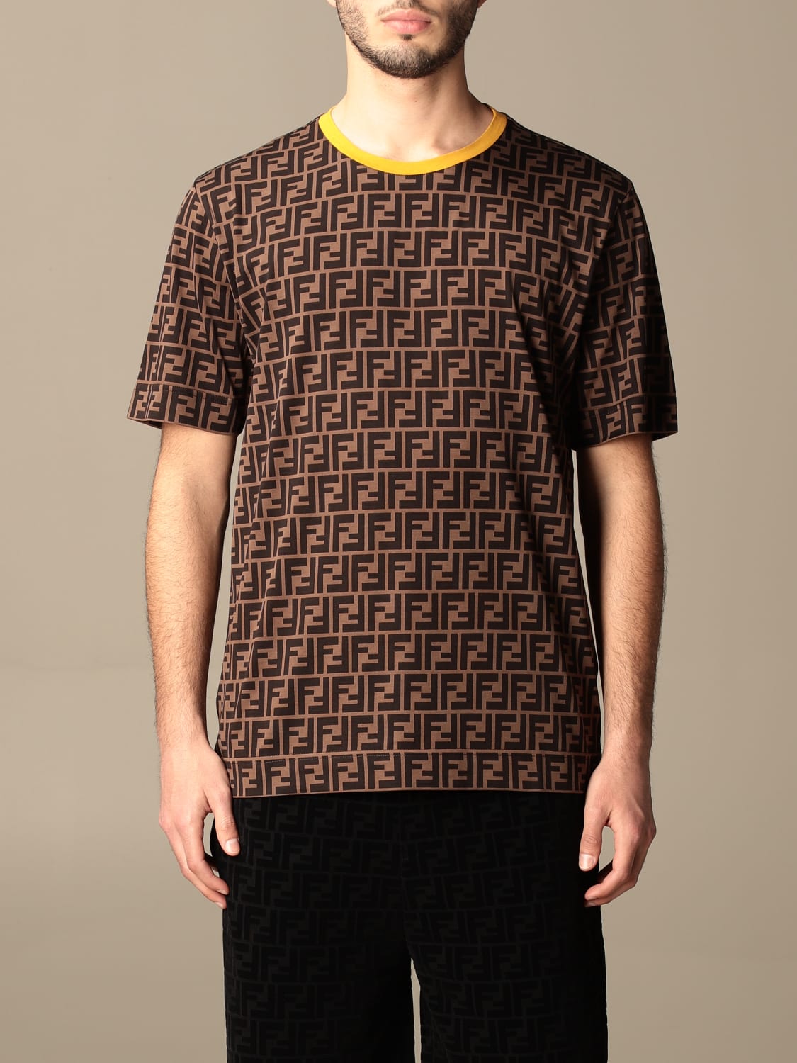 FENDI: cotton T-shirt with all-over FF logo - Tobacco | FENDI t-shirt ...