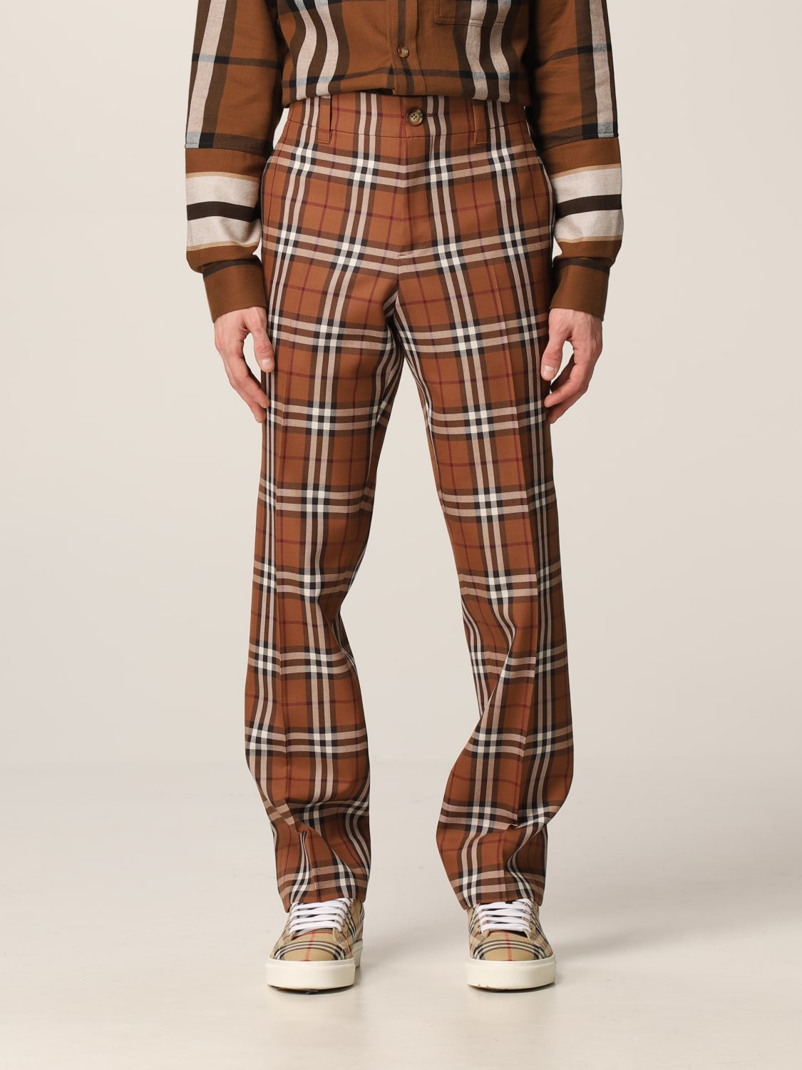 BURBERRY: Dover check wool tailored pants - Brown