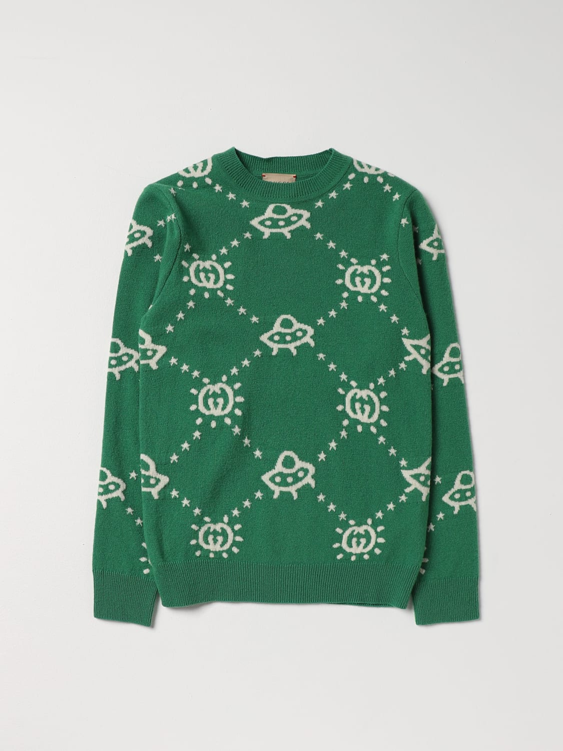 Gucci Wool Sweater With Inlaid Gg And Ufo Pattern Green Gucci Sweater 748068xkdac Online At 3072