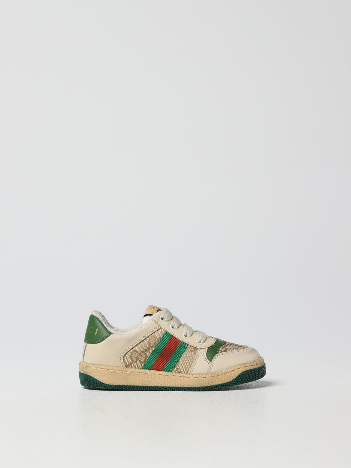 GUCCI: sneakers in used nubuck and fabric with GG jacquard