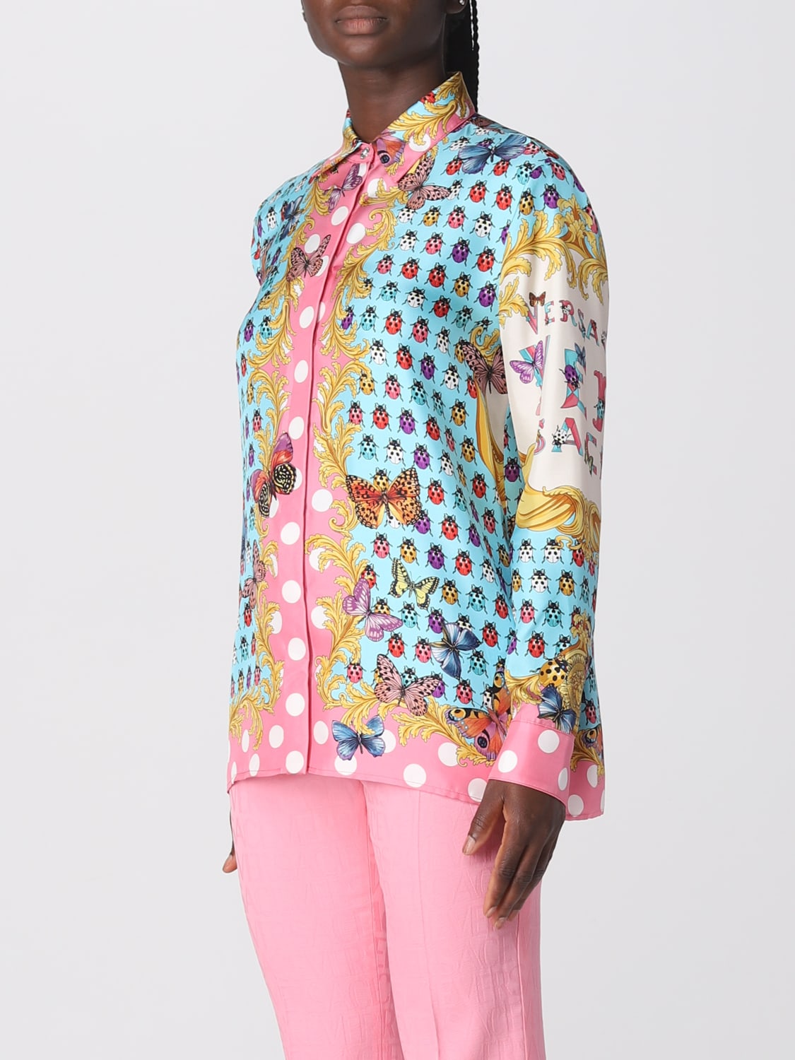VERSACE: shirt in silk with all over print - Pink  VERSACE shirt  10039261A07777 online at