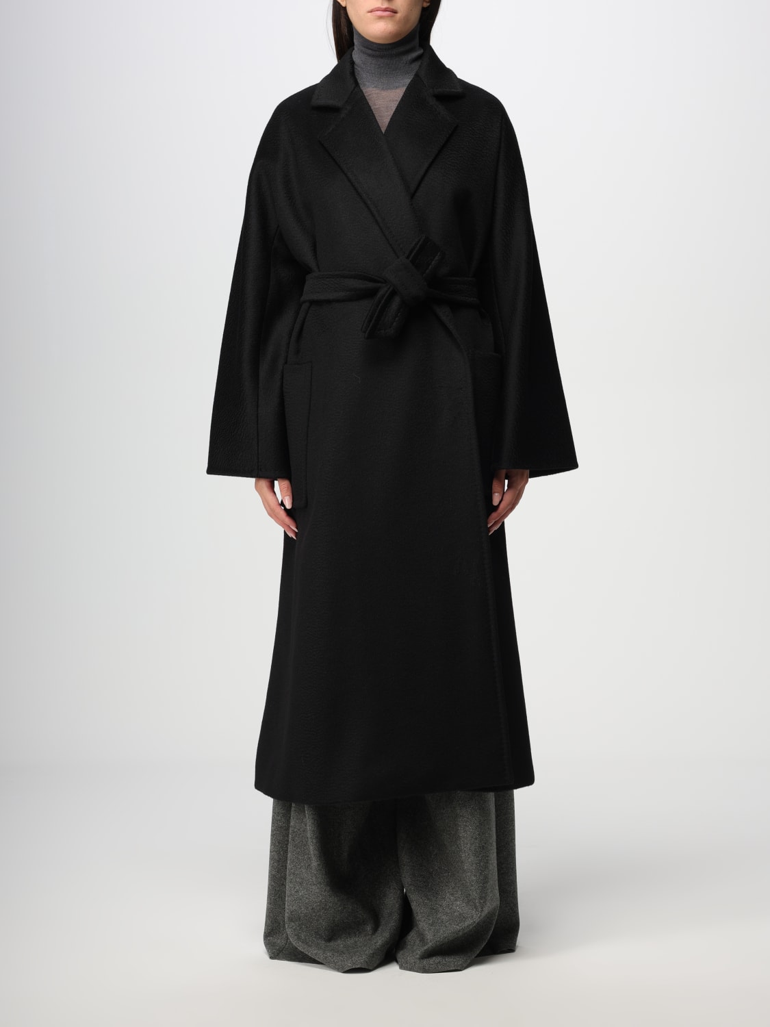 MAX MARA: wrap-like coat in virgin wool - Black | MAX MARA coat ...