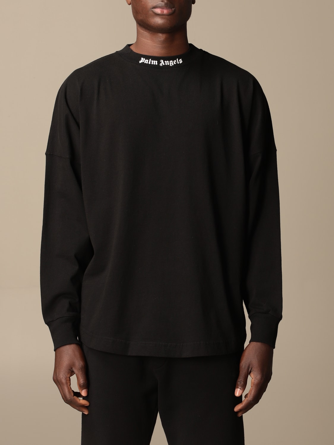 PALM ANGELS: long sleeve T-shirt with maxi logo - Black  PALM ANGELS  t-shirt PMAB001R21JER001 online at