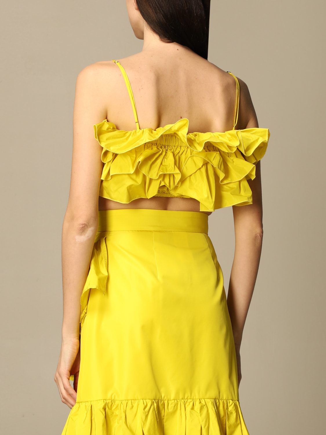 MSGM Fluoro Yellow Lace Sleeveless Peplum Top ($206) ❤ liked on Polyvore