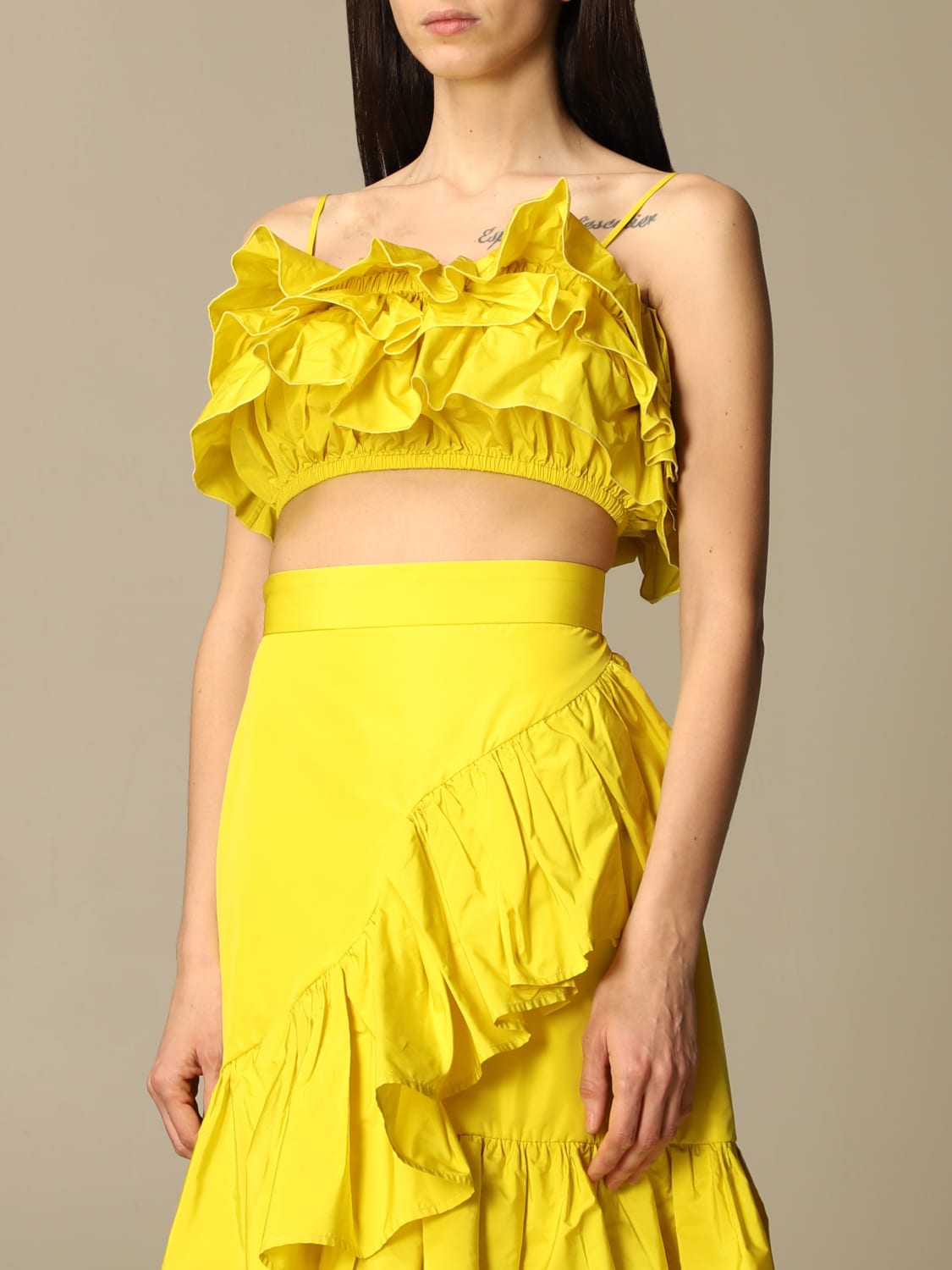 MSGM Fluoro Yellow Lace Sleeveless Peplum Top ($206) ❤ liked on Polyvore