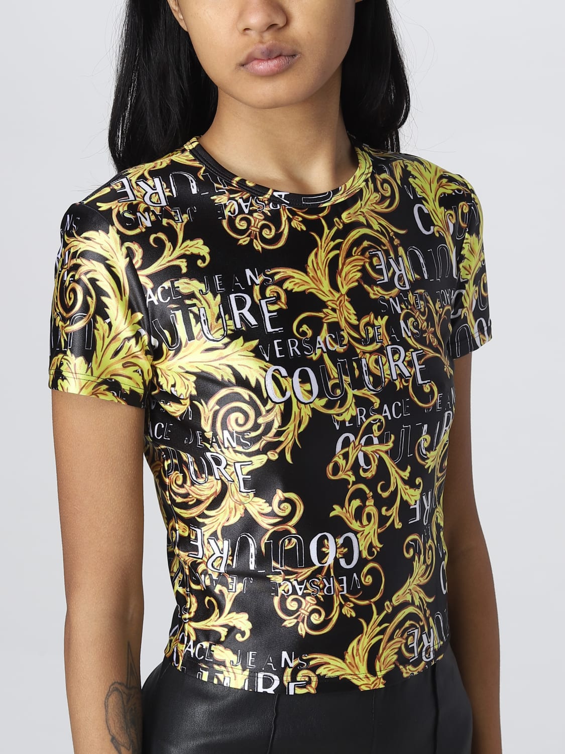 VERSACE JEANS COUTURE Outlet: T-shirt in printed stretch fabric - Black