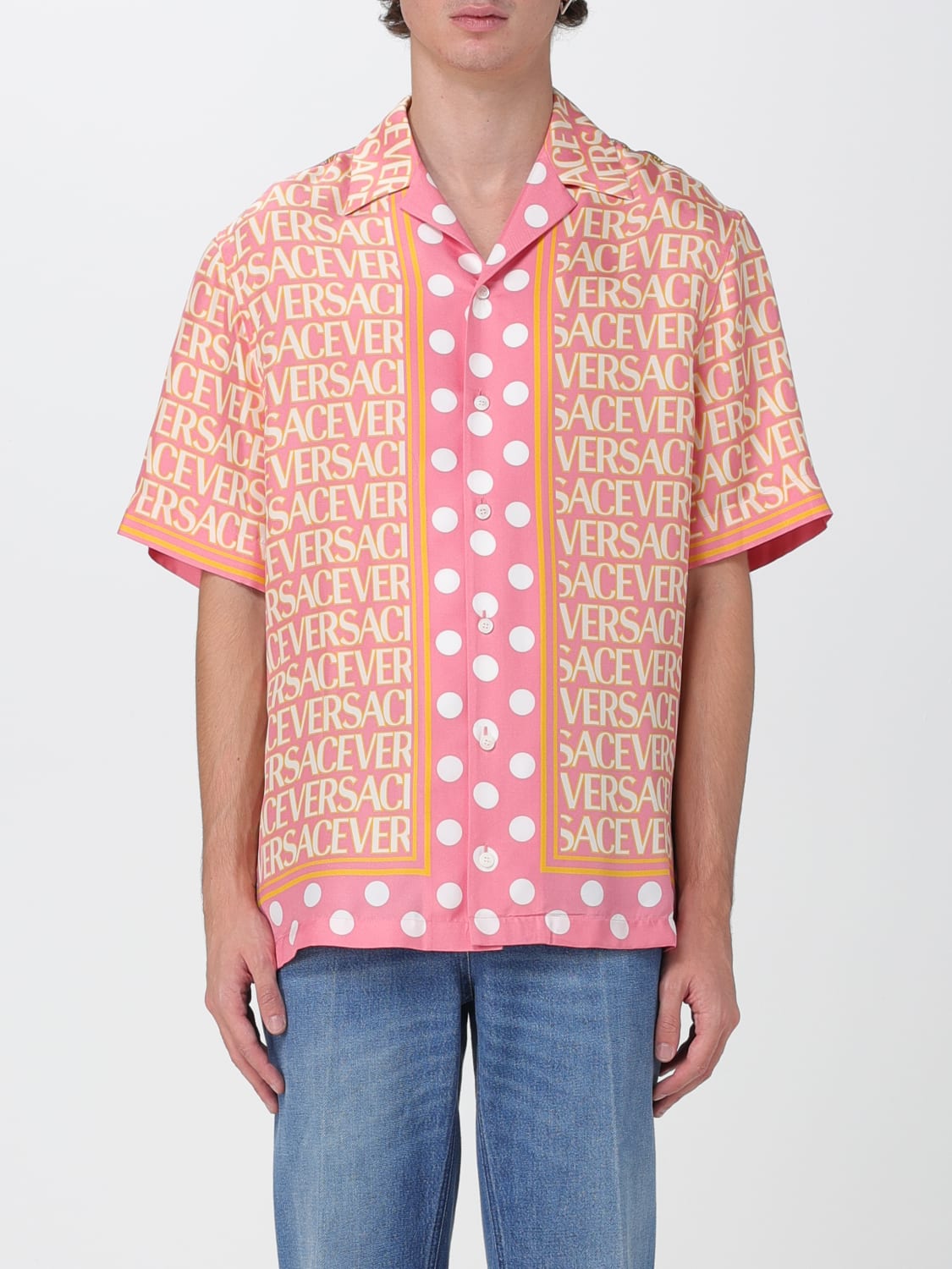 VERSACE: shirt in silk with all over print - Pink  VERSACE shirt  10039261A07777 online at