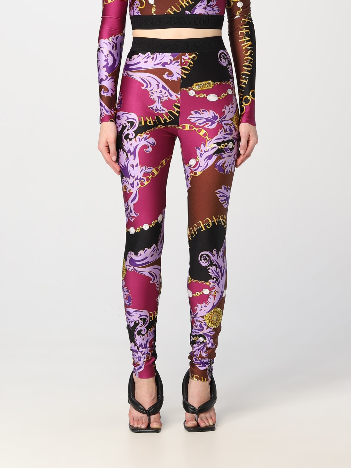 VERSACE JEANS COUTURE - LEGGINGS WITH RUFFLES AND NYLON LOGO PRINT