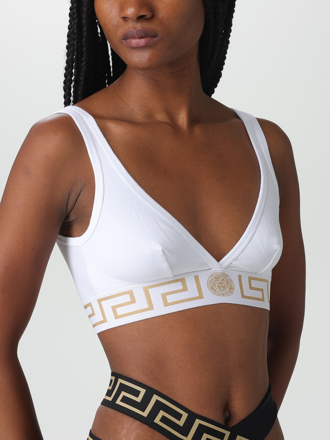 White Logo-jacquard ribbed cotton-blend bra, Versace