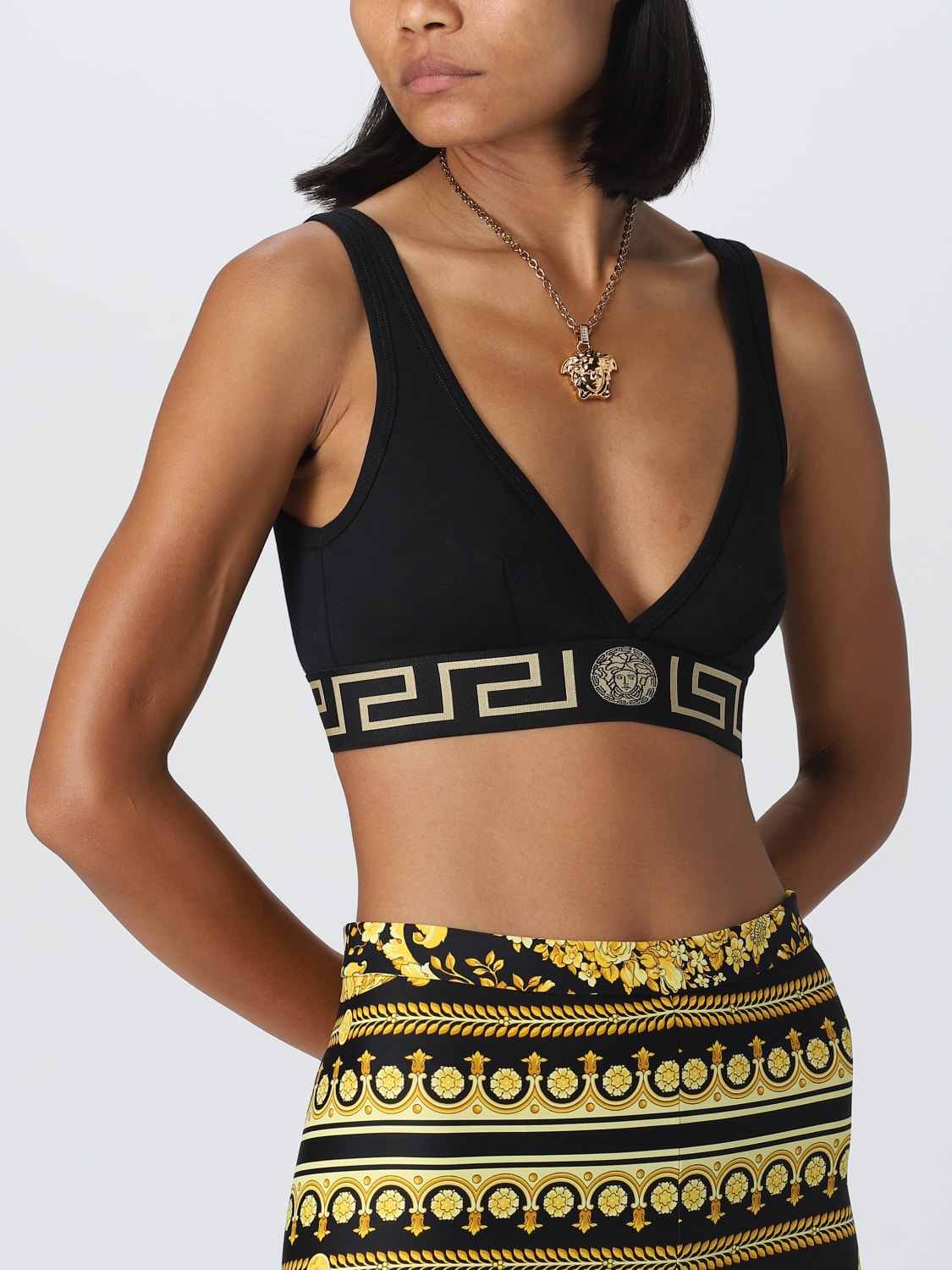 VERSACE: bra in stretch cotton with Greca jacquard - Black