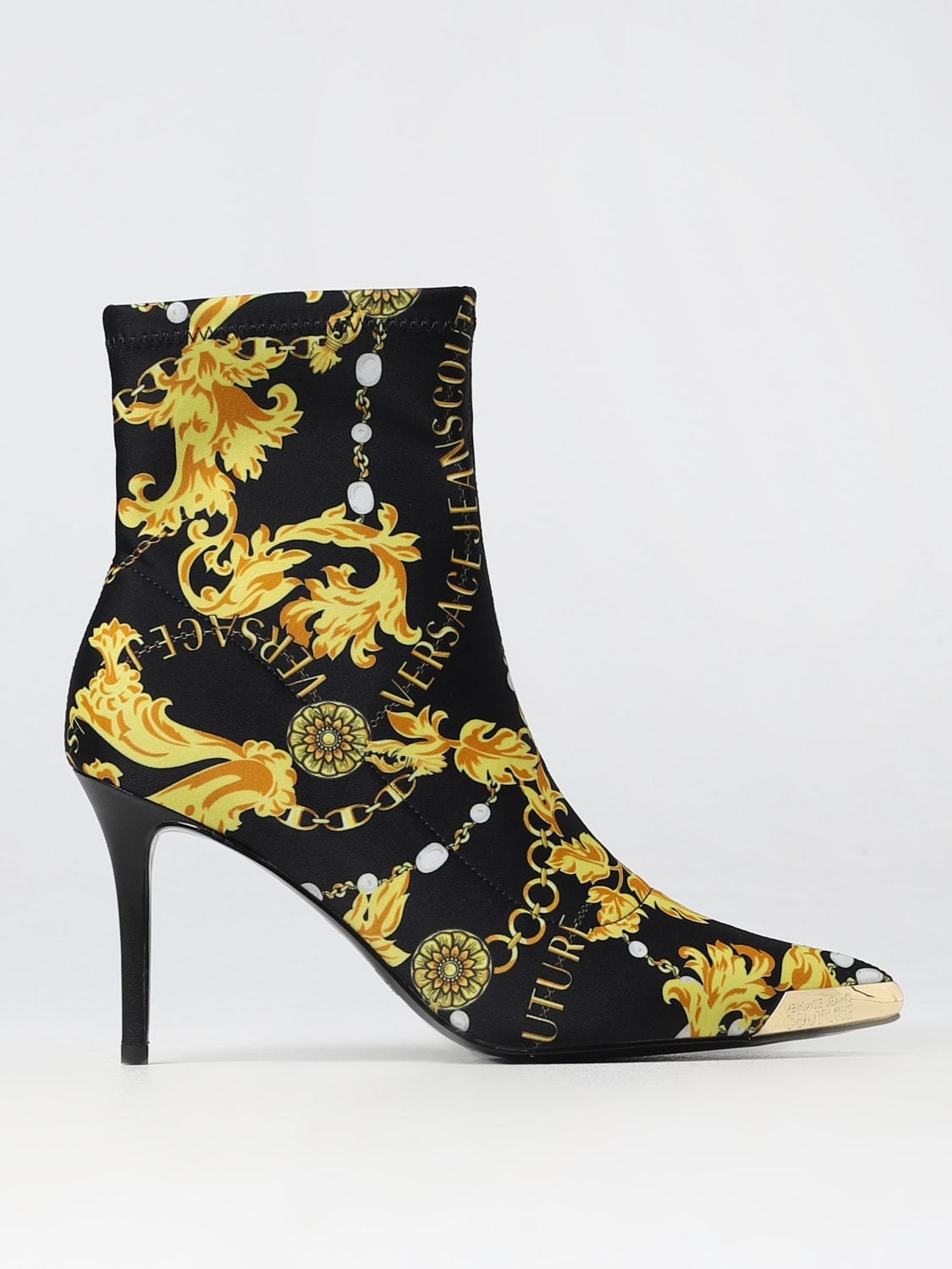 VERSACE JEANS COUTURE: ankle boots in printed fabric - Black  VERSACE  JEANS COUTURE flat ankle boots 75VA3S51ZS371 online at