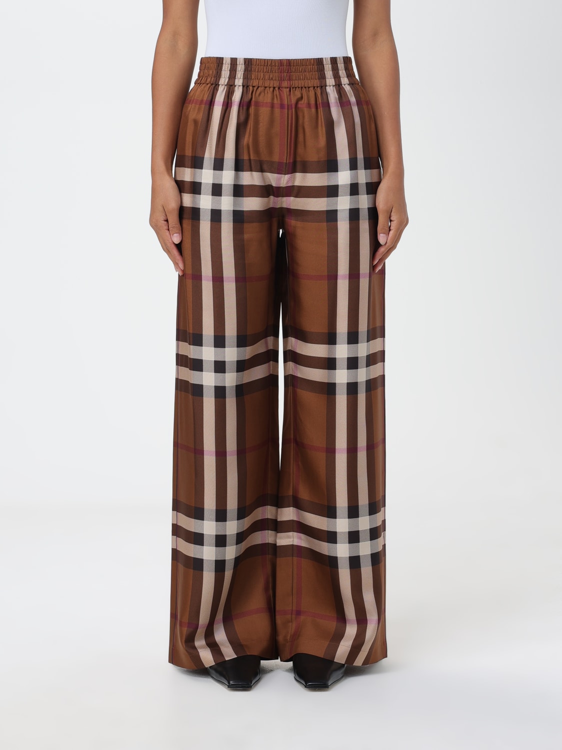 BURBERRY: wide-leg pants in check silk - Brown