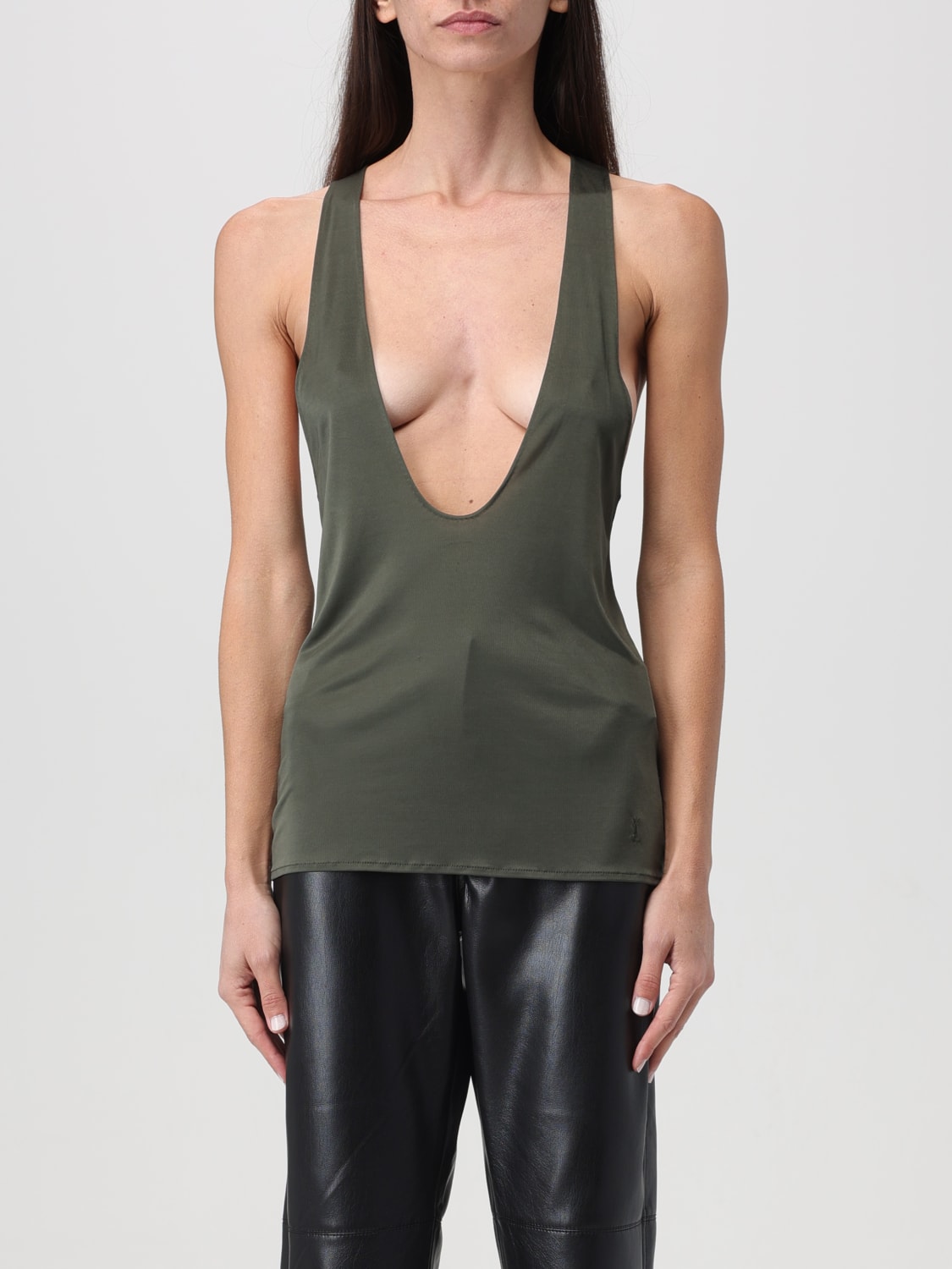 Plunge-neck leather tank top in brown - Saint Laurent