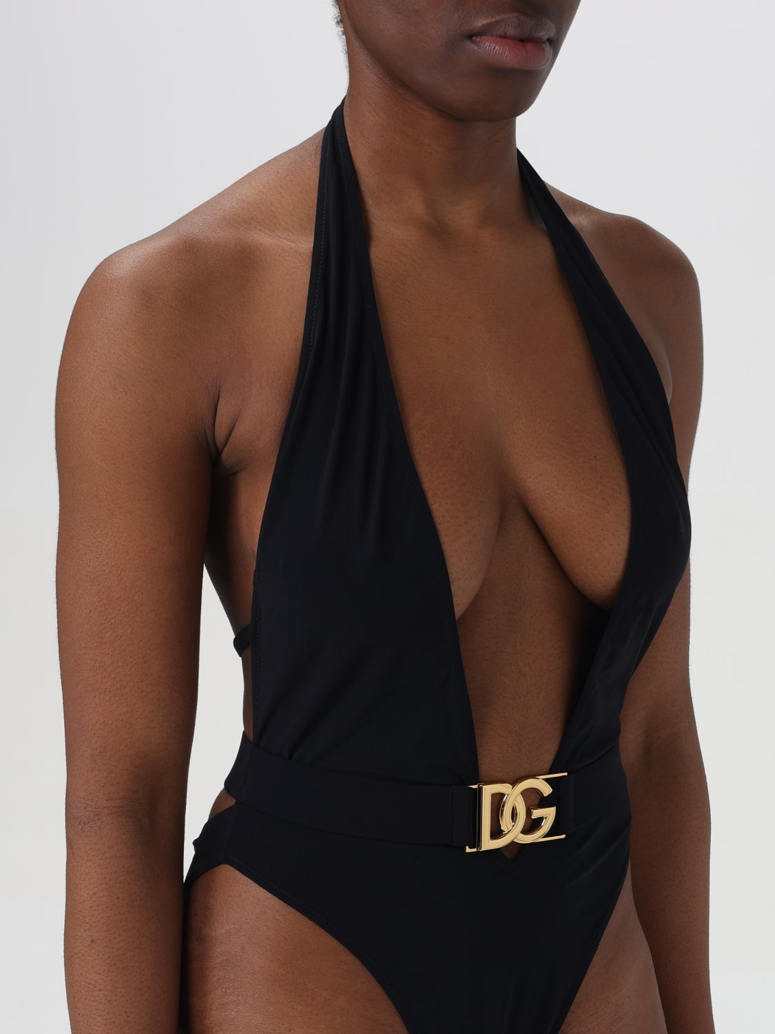 Dolce & Gabbana Deep V Neck One Piece Swimsuit in Black