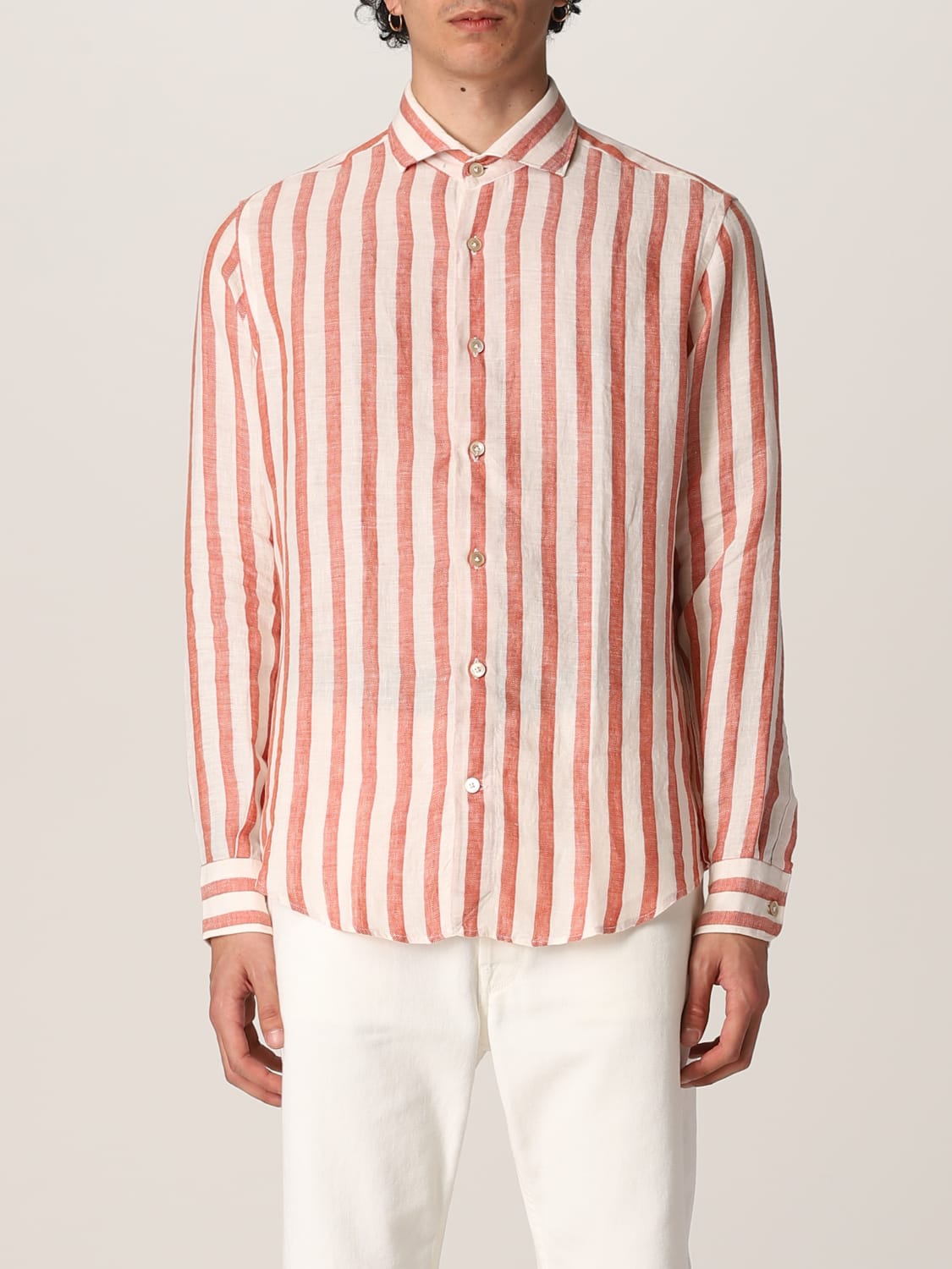 ELEVENTY: shirt in linen with striped print - Ocher | ELEVENTY shirt ...