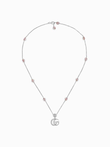 Women's Gucci: GG Marmont Gucci necklace in silver with monogram and pink mother-of-pearl