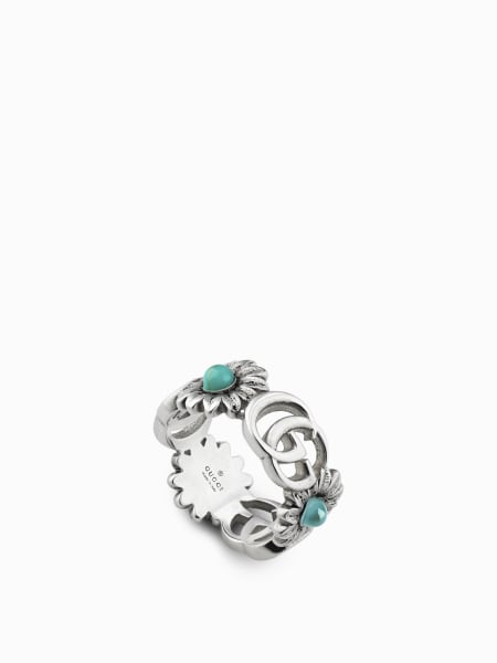 Women's Gucci: GG Marmont Gucci ring in silver with GG monogram and flowers with resin and mother-of-pearl stones