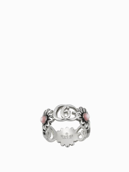 Women's Gucci: GG Marmont Gucci ring in silver with GG monogram and flowers with pink mother-of-pearl