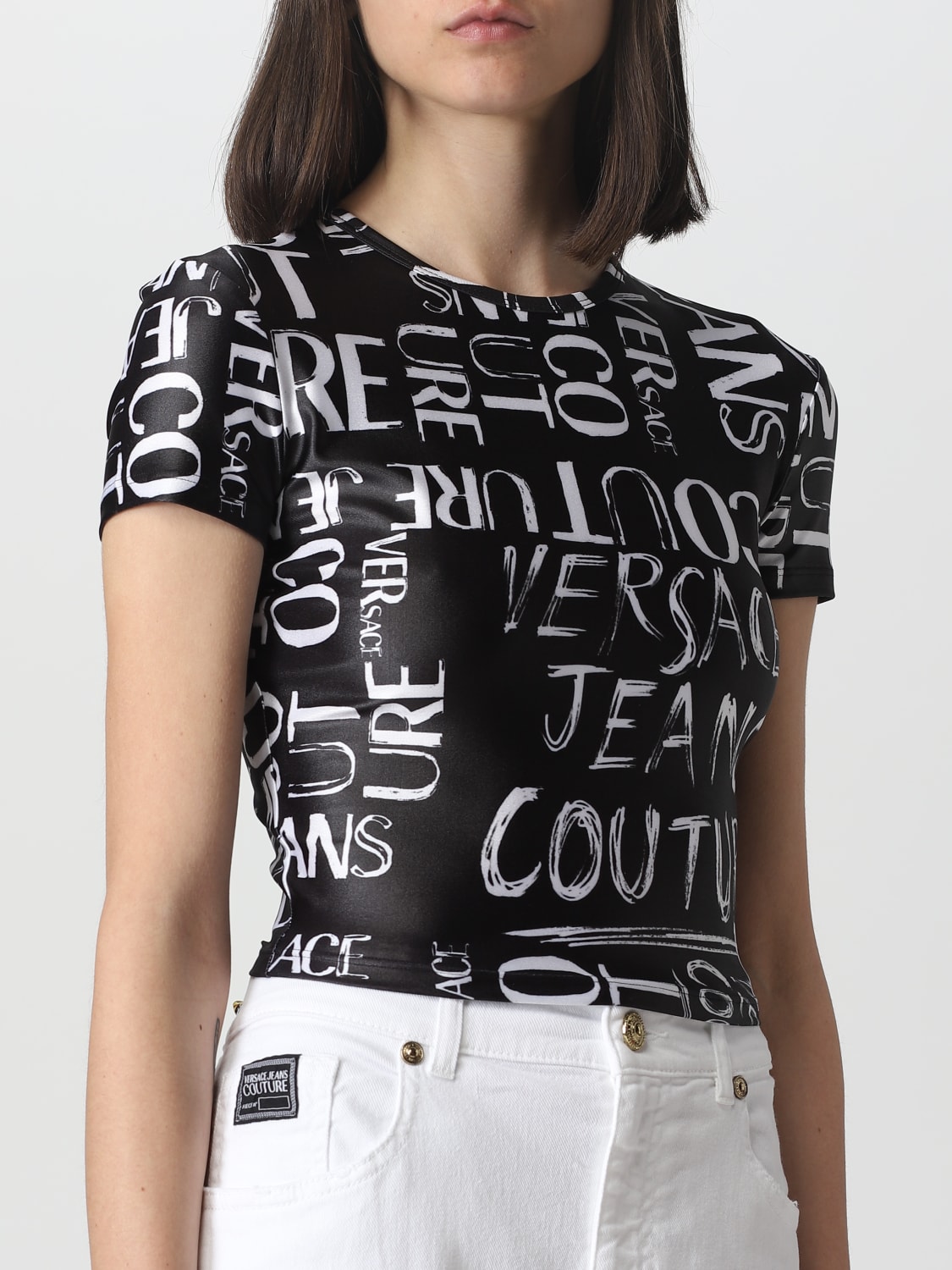 VERSACE JEANS COUTURE: T-shirt in stretch fabric - Black | Versace ...