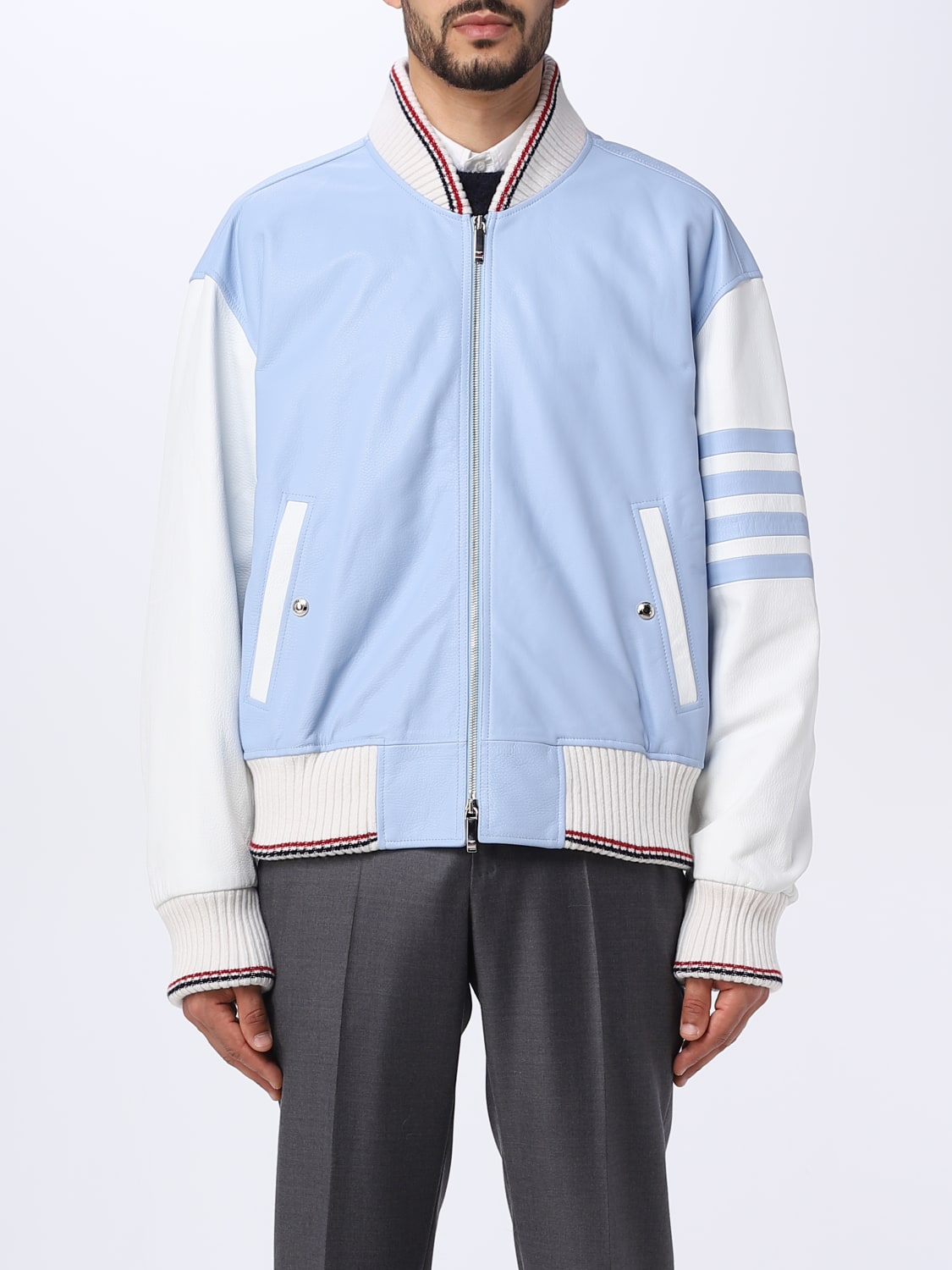 THOM BROWNE: jacket in leather and cotton - Blue | Thom Browne jacket ...