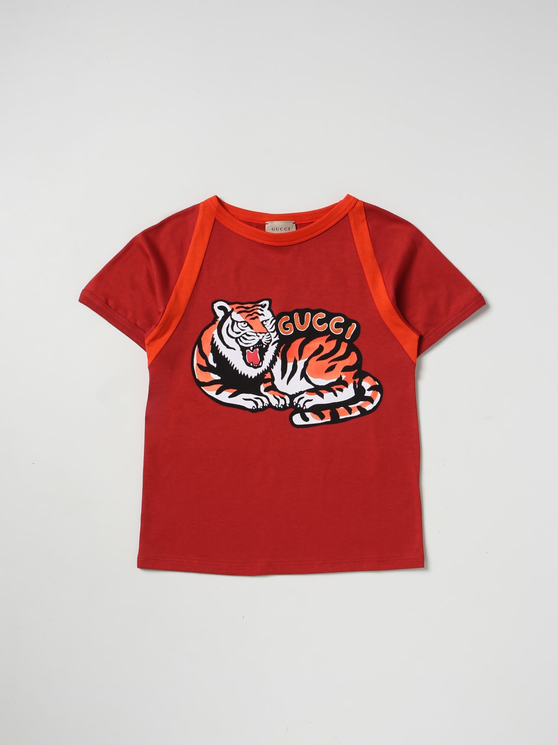 Børns dag Sætte Værdiløs GUCCI: cotton t-shirt with tiger print - Red | Gucci t-shirt 713864XJEZH  online on GIGLIO.COM