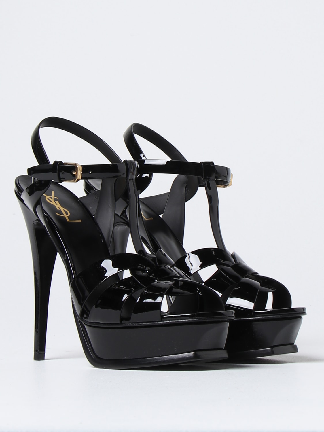 Yves Saint Laurent Black Patent Leather Open Toe Tribute Too Heels