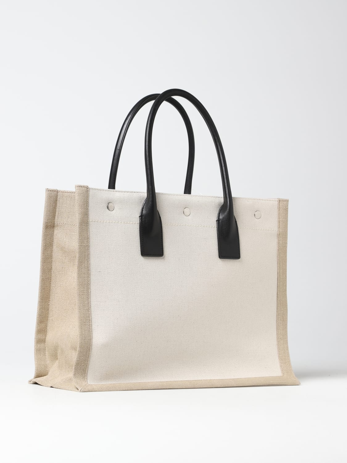 Saint Laurent Rive Gauche Medium White And Black Linen Tote Bag