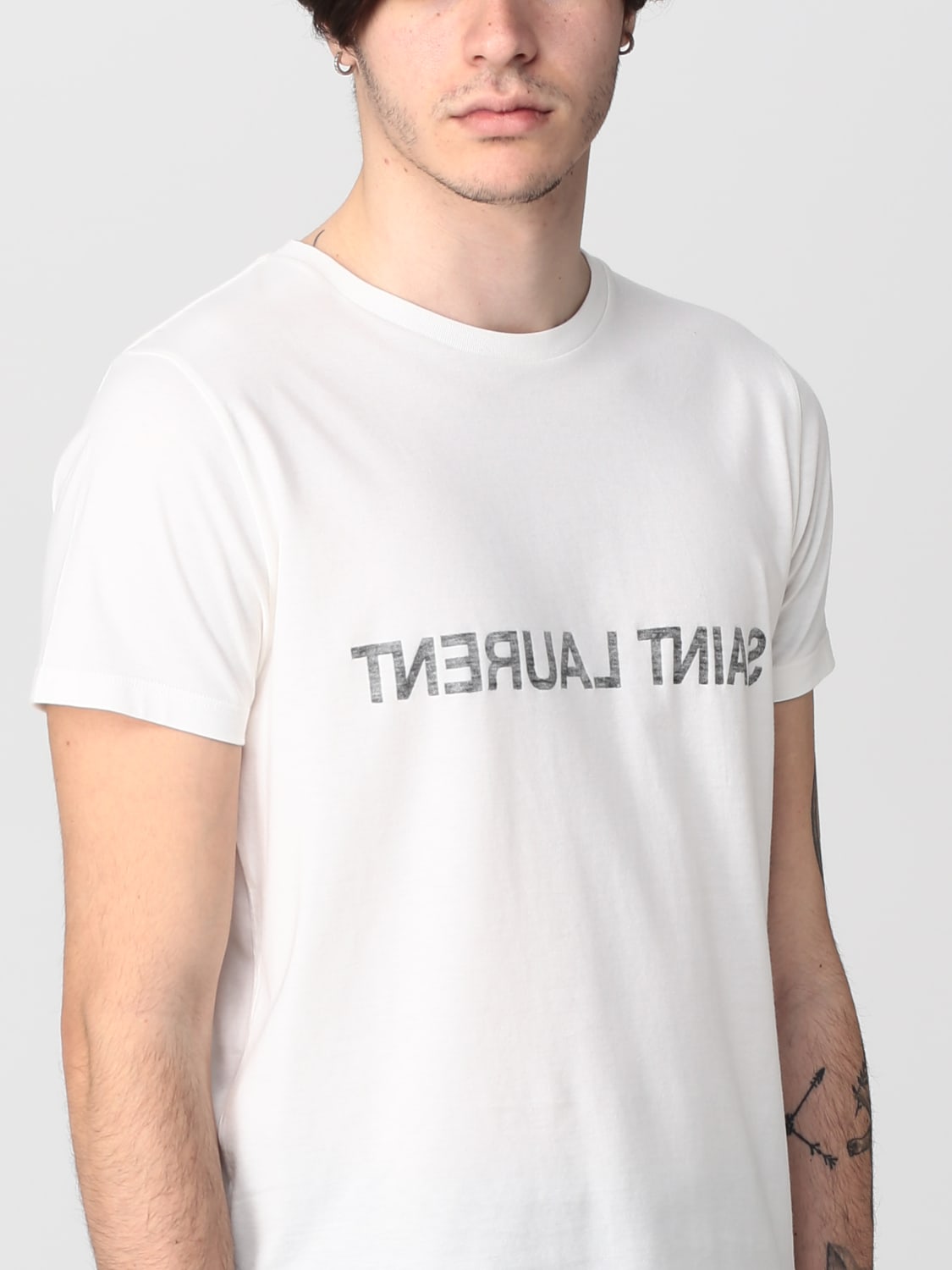 SAINT LAURENT: cotton t-shirt reversed logo - White | Saint Laurent t- shirt 663278Y37AW online on GIGLIO.COM