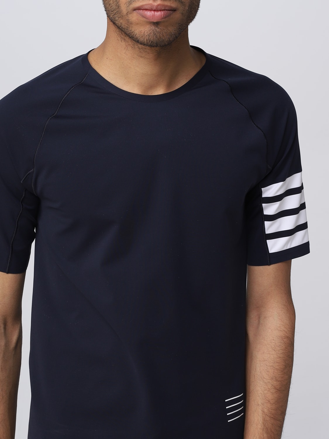 THOM BROWNE: basic t-shirt with striped bands - Blue | Thom Browne