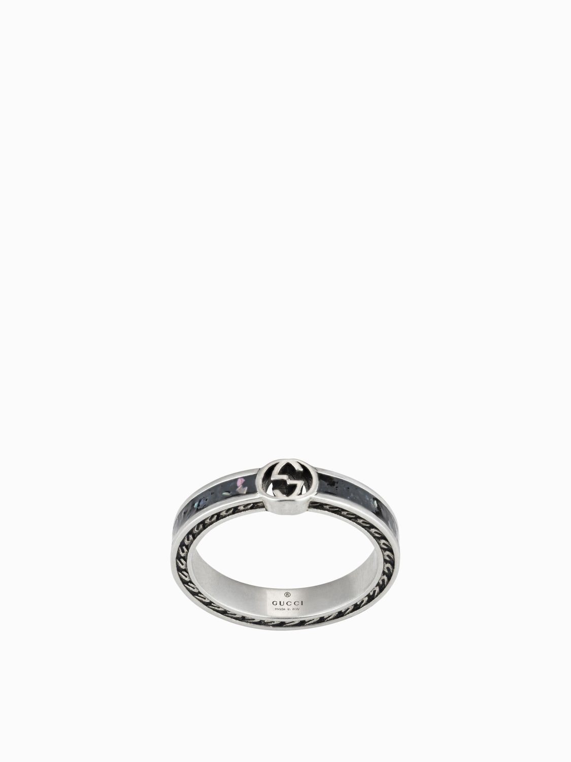 GUCCI: Interlking G ring in enamelled silver with GG monogram and ...