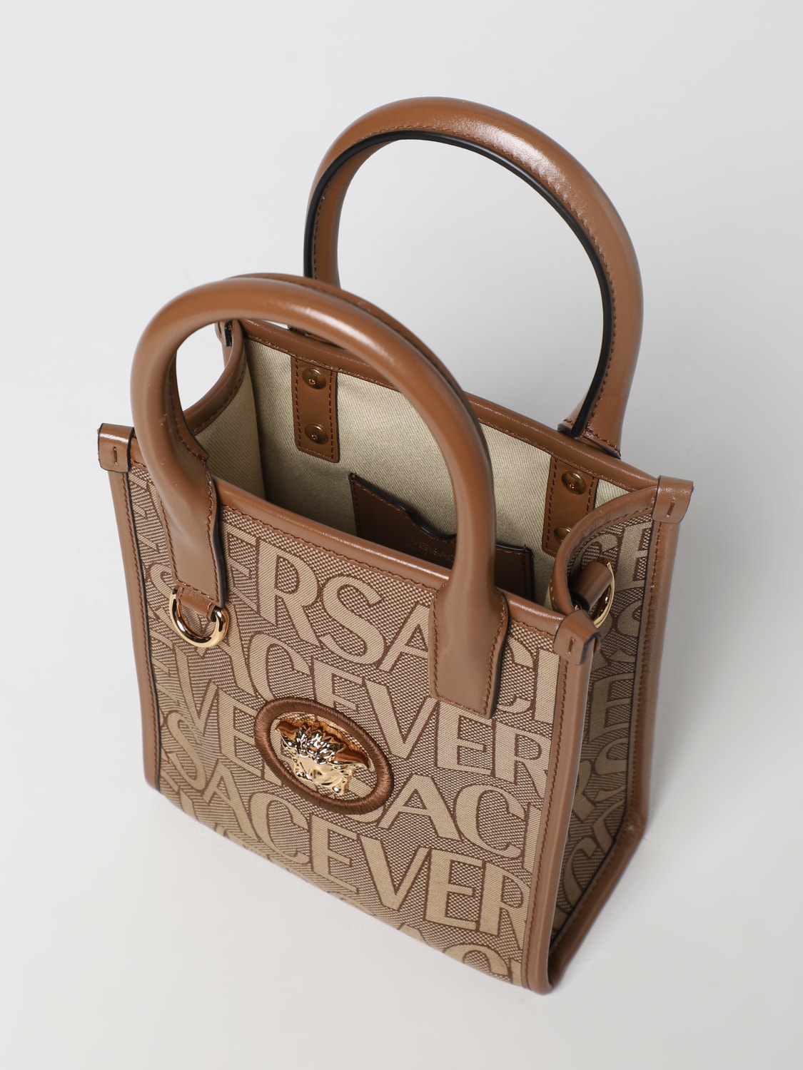 Versace Logo Jacquard Mini Tote Bag in Brown