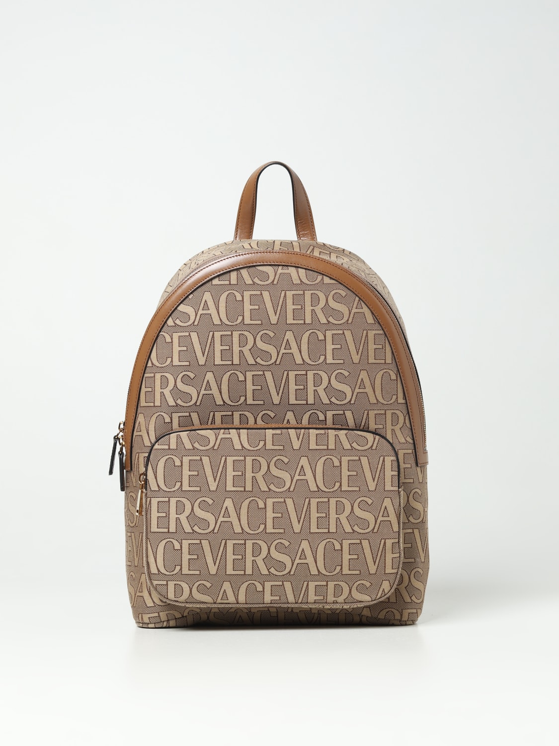 VERSACE: backpack in fabric with jacquard logo - Sand  Versace backpack  10077031A07951 online at