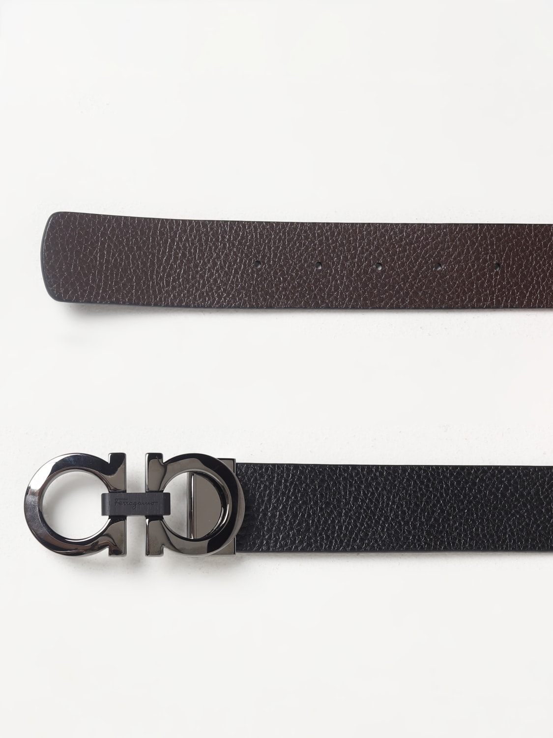FERRAGAMO: Reversible belt in hammered leather - Black | Ferragamo belt ...