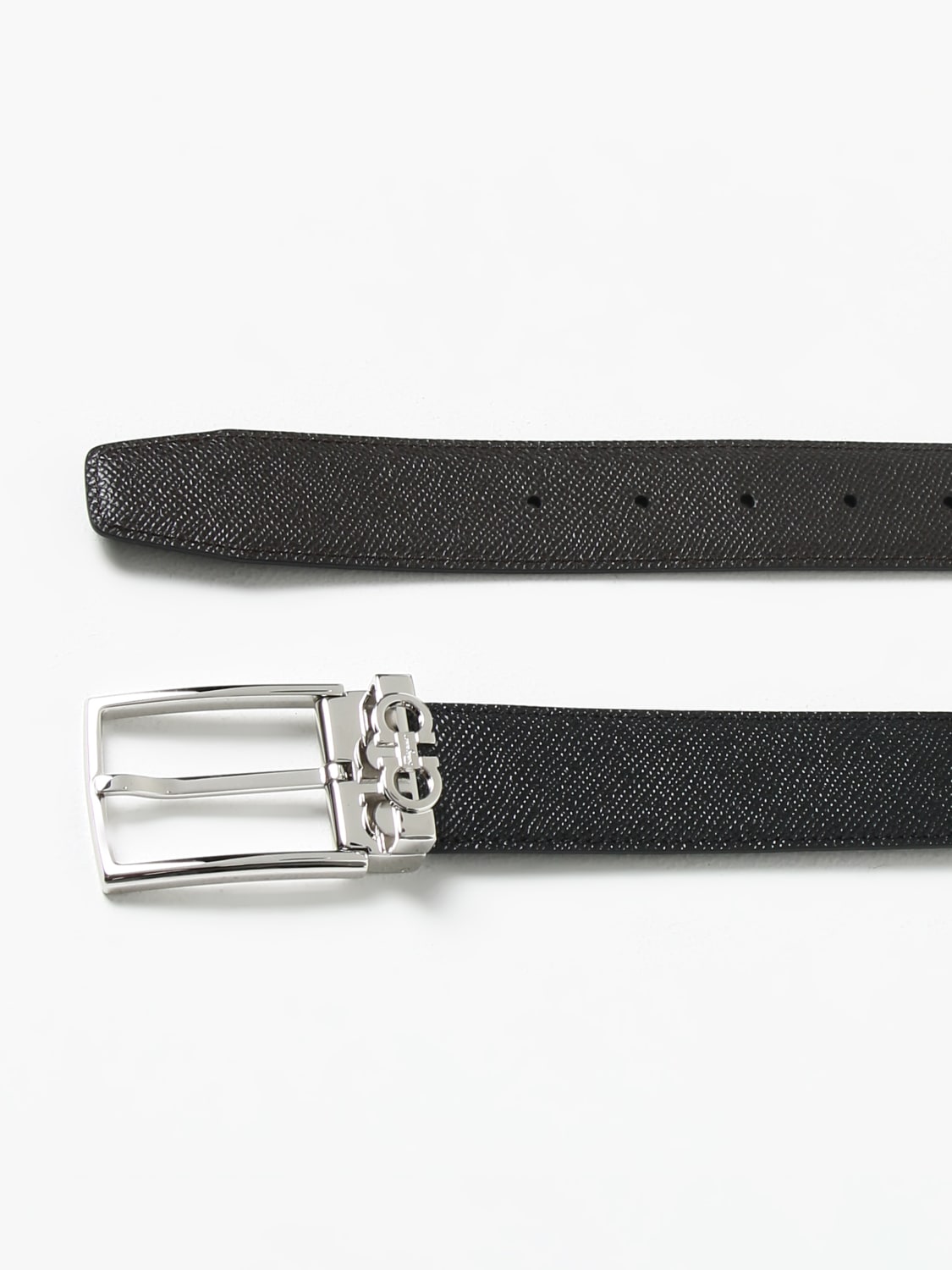 Grained leather silver buckle reversible belt