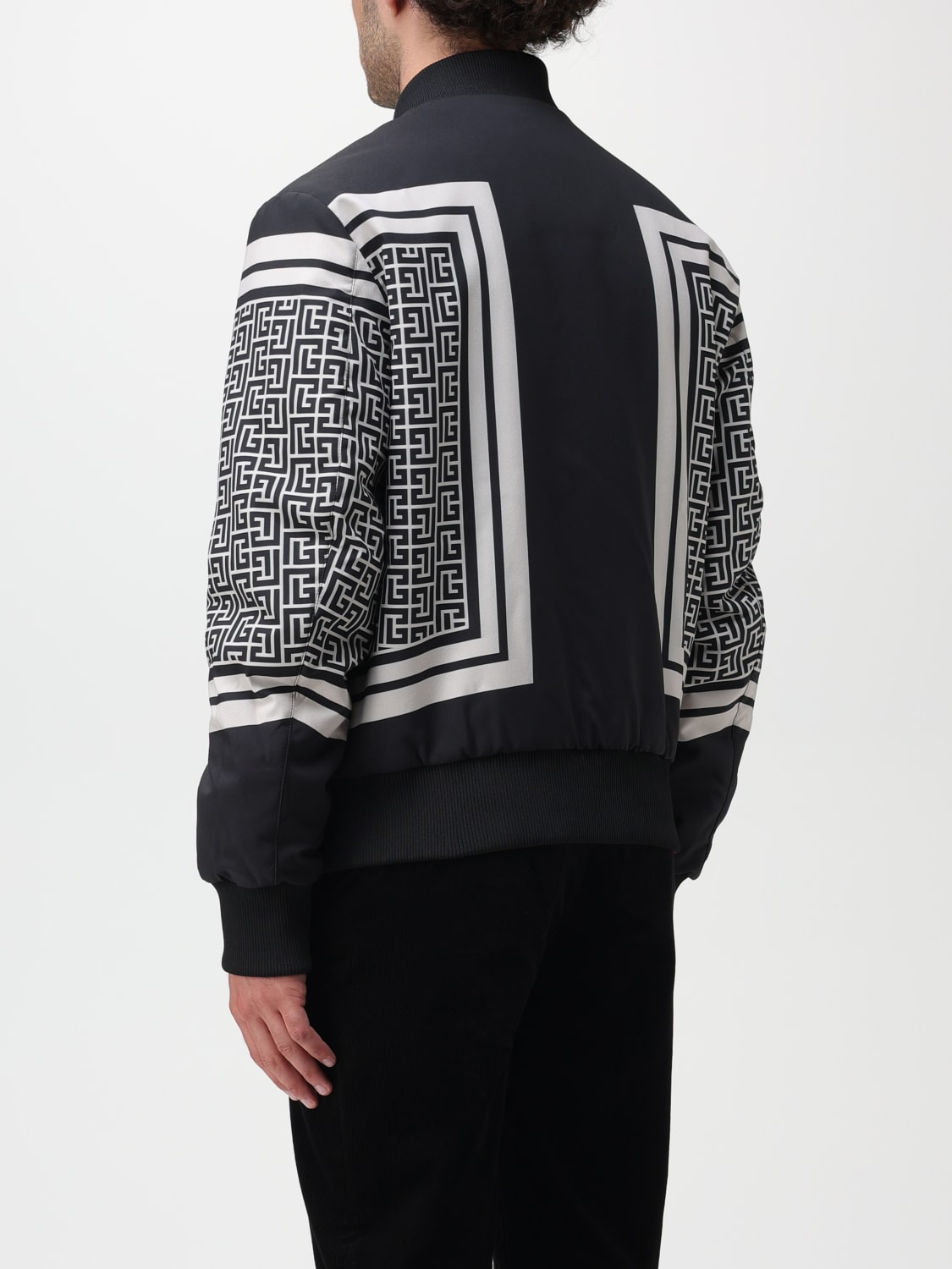 BLACK BURG BALMAIN REVERSIBLE MONOGRAM SCARF BOMBER JACKET (BH1TF354XG25)