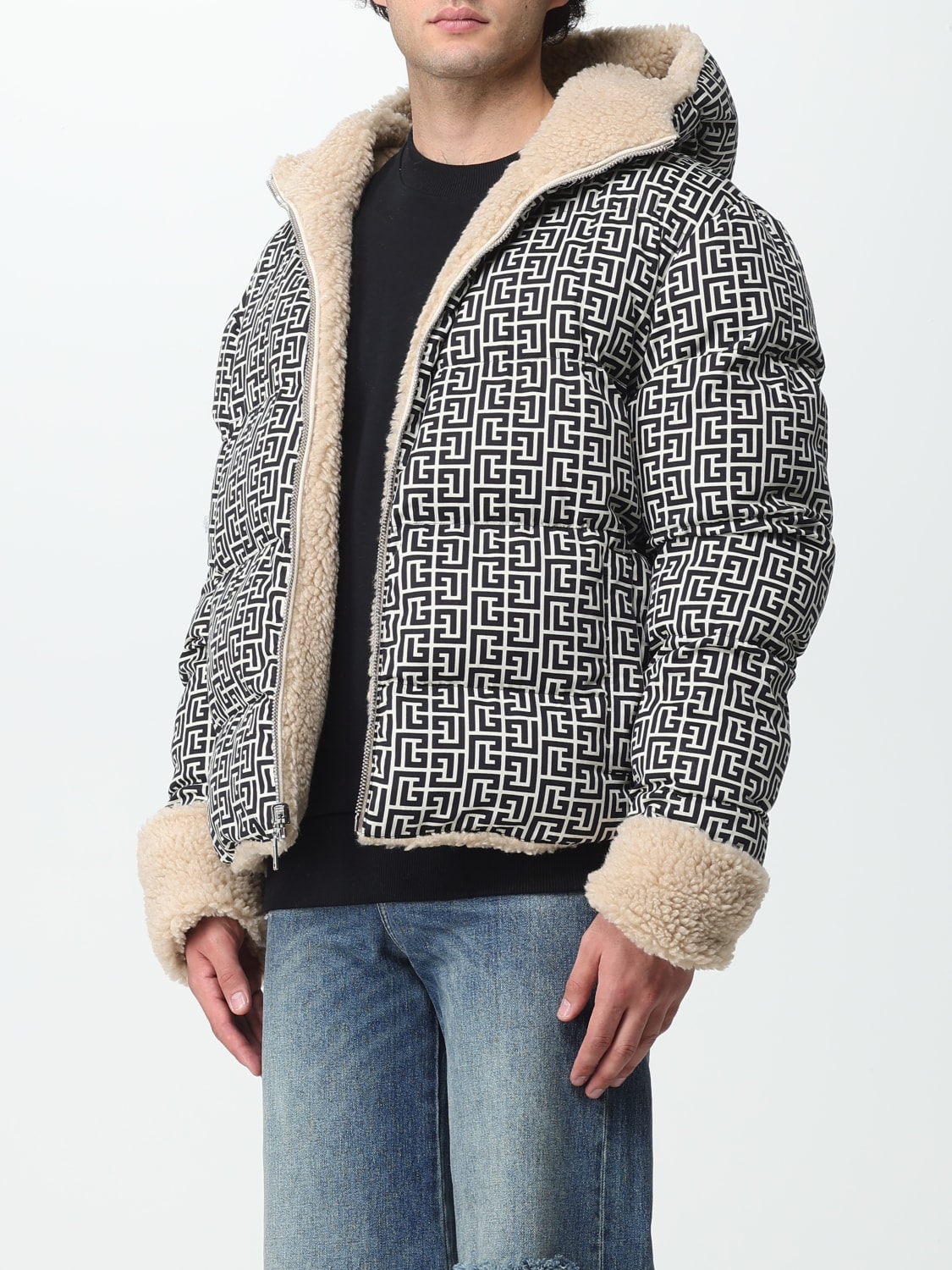 BALMAIN: down jacket in synthetic shearling with all-over monogram - Yellow  Cream