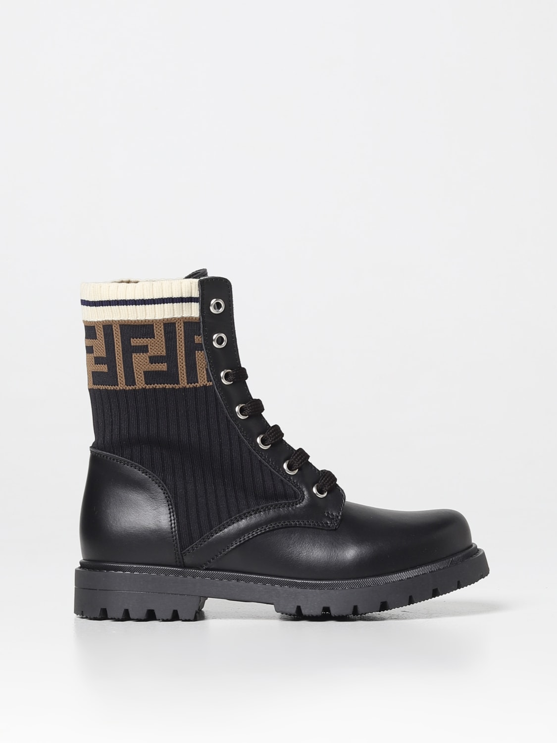 FENDI KIDS: ankle boots in leather and knit with FF jacquard