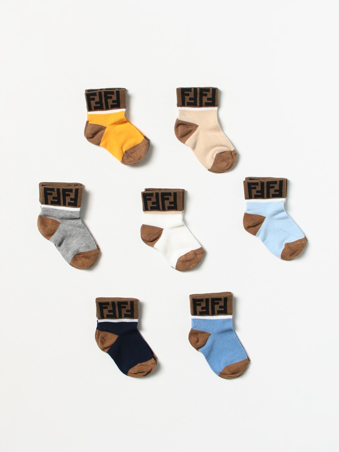 FENDI KIDS: Set of 7 pairs of socks in stretch fabric with FF