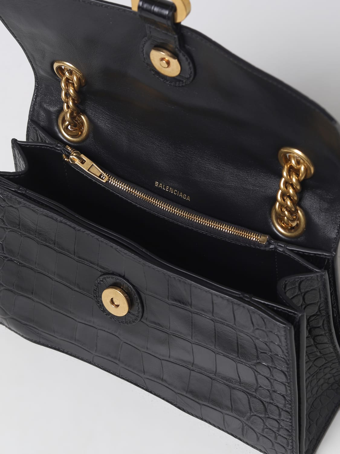BALENCIAGA: Crush bag in crocodile print leather with charm